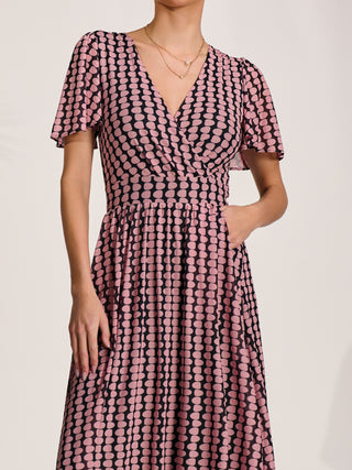 Mesh Short Sleeve Midaxi Dress,Pink Geo