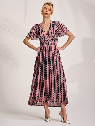 Mesh Short Sleeve Midaxi Dress,Pink Geo