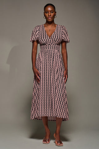 Mesh Short Sleeve Midaxi Dress,Pink Geo