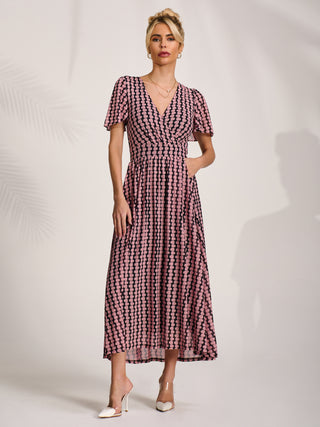 Mesh Short Sleeve Midaxi Dress,Pink Geo