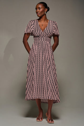 Mesh Short Sleeve Midaxi Dress,Pink Geo