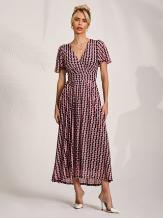Mesh Short Sleeve Midaxi Dress,Pink Geo