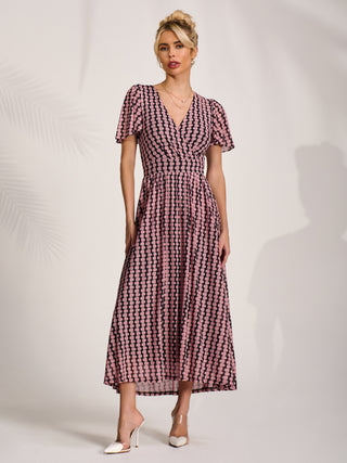 Mesh Short Sleeve Midaxi Dress,Pink Geo