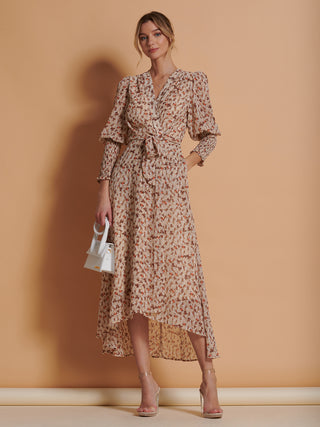 AOMONI Women's Floral Maxi Dress - 3/4 Sleeve V-Neck Wrap Waist Long Dress