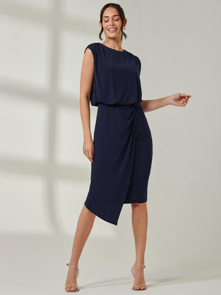 Tiered Draped Pencil Dress, Navy