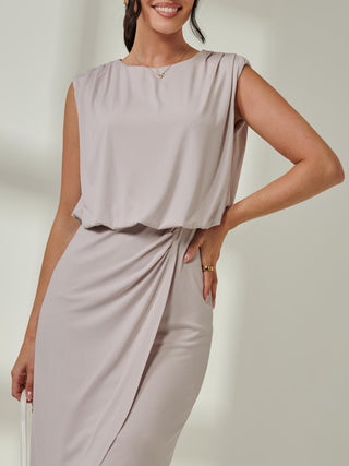 Tiered Draped Pencil Dress, Stone