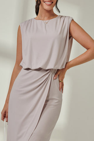 Jersey Draped Wrap Skirt Midi Dress Stone
