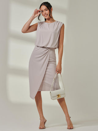 Tiered Draped Pencil Dress, Stone