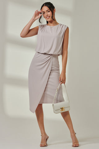 Jersey Draped Wrap Skirt Midi Dress Stone