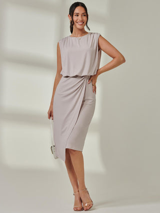 Tiered Draped Pencil Dress, Stone