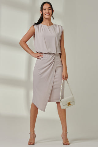 Jersey Draped Wrap Skirt Midi Dress Stone