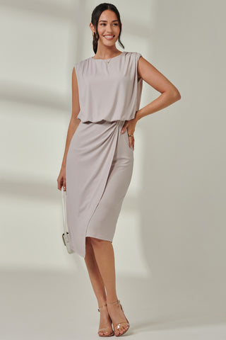 Jersey Draped Wrap Skirt Midi Dress Stone