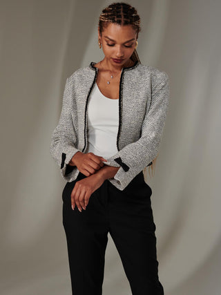 Contrast Trim Tweed Jacket, Monochrome