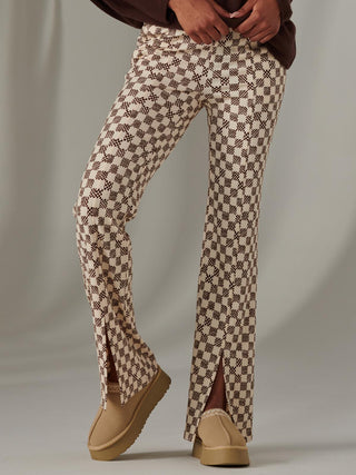 Split Hem Flared Trousers, Brown Check