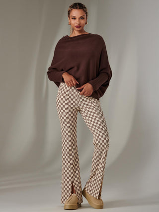 Split Hem Flared Trousers, Brown Check