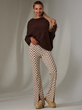 Split Hem Flared Trousers, Brown Check