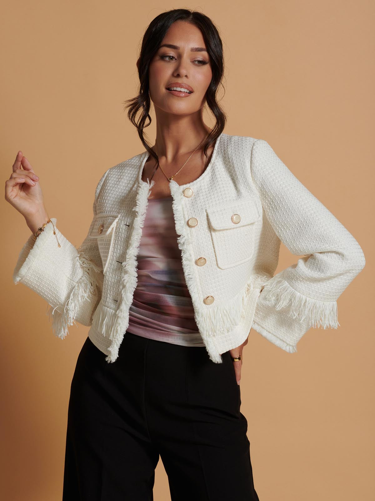 Tweed Fringe Hem Jacket, Cream