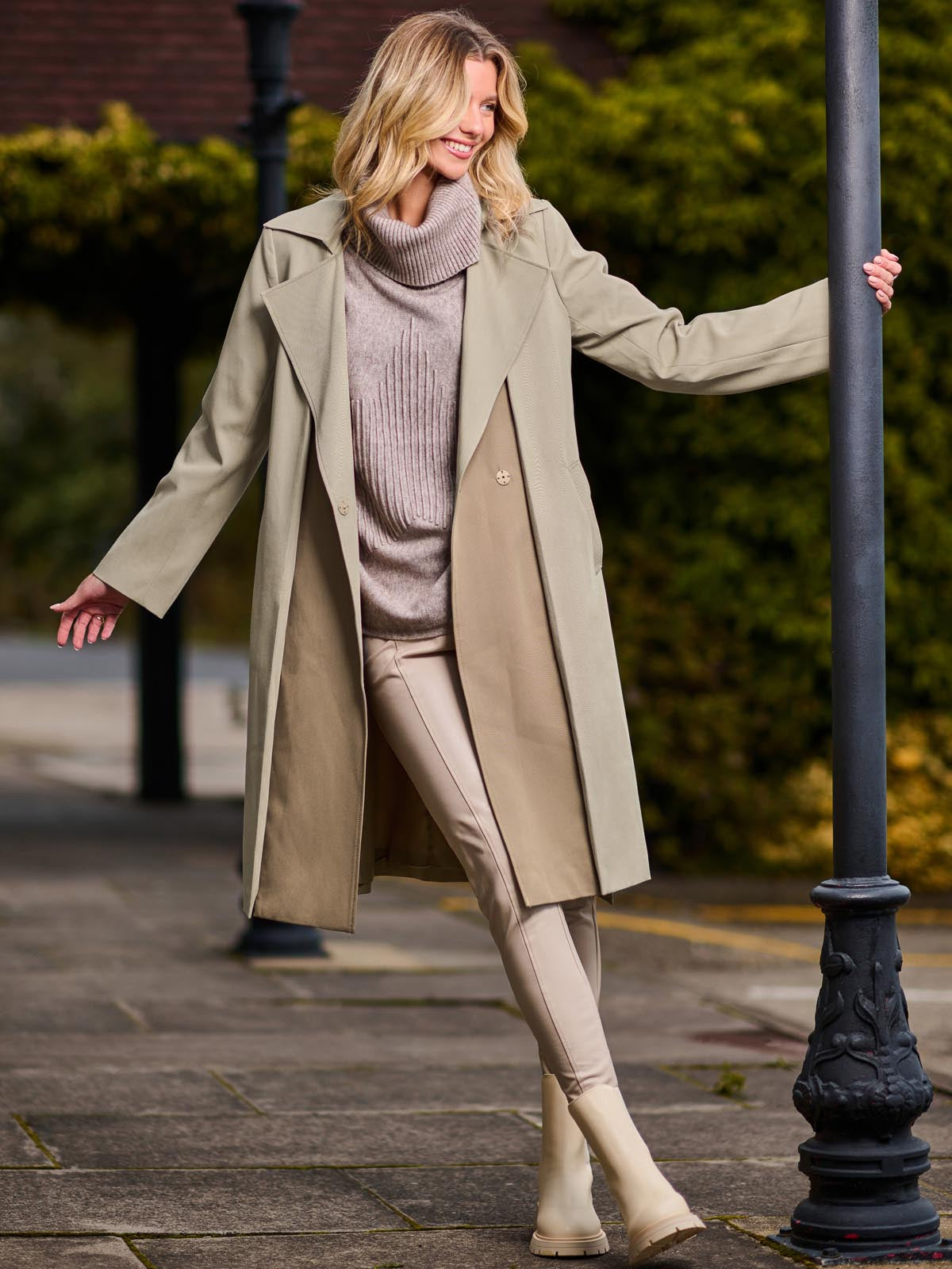 Two Tone Contrast Trench Coat, Khaki