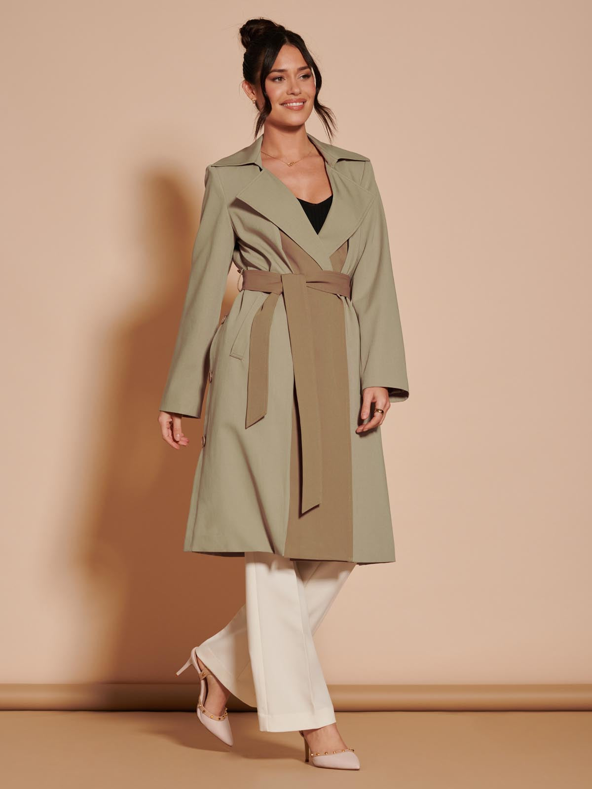 Two Tone Contrast Trench Coat, Khaki