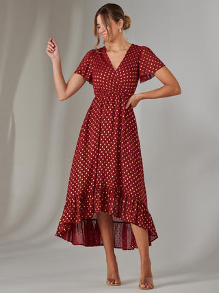 Chiffon Short Sleeve Midaxi Dress, Burgundy