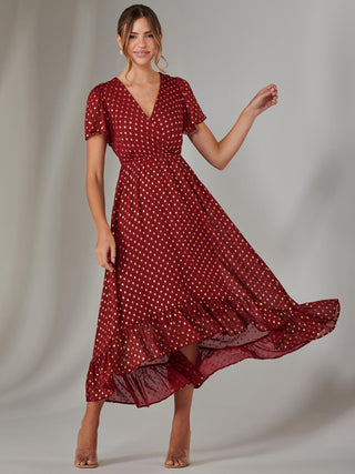 Chiffon Short Sleeve Midaxi Dress, Burgundy