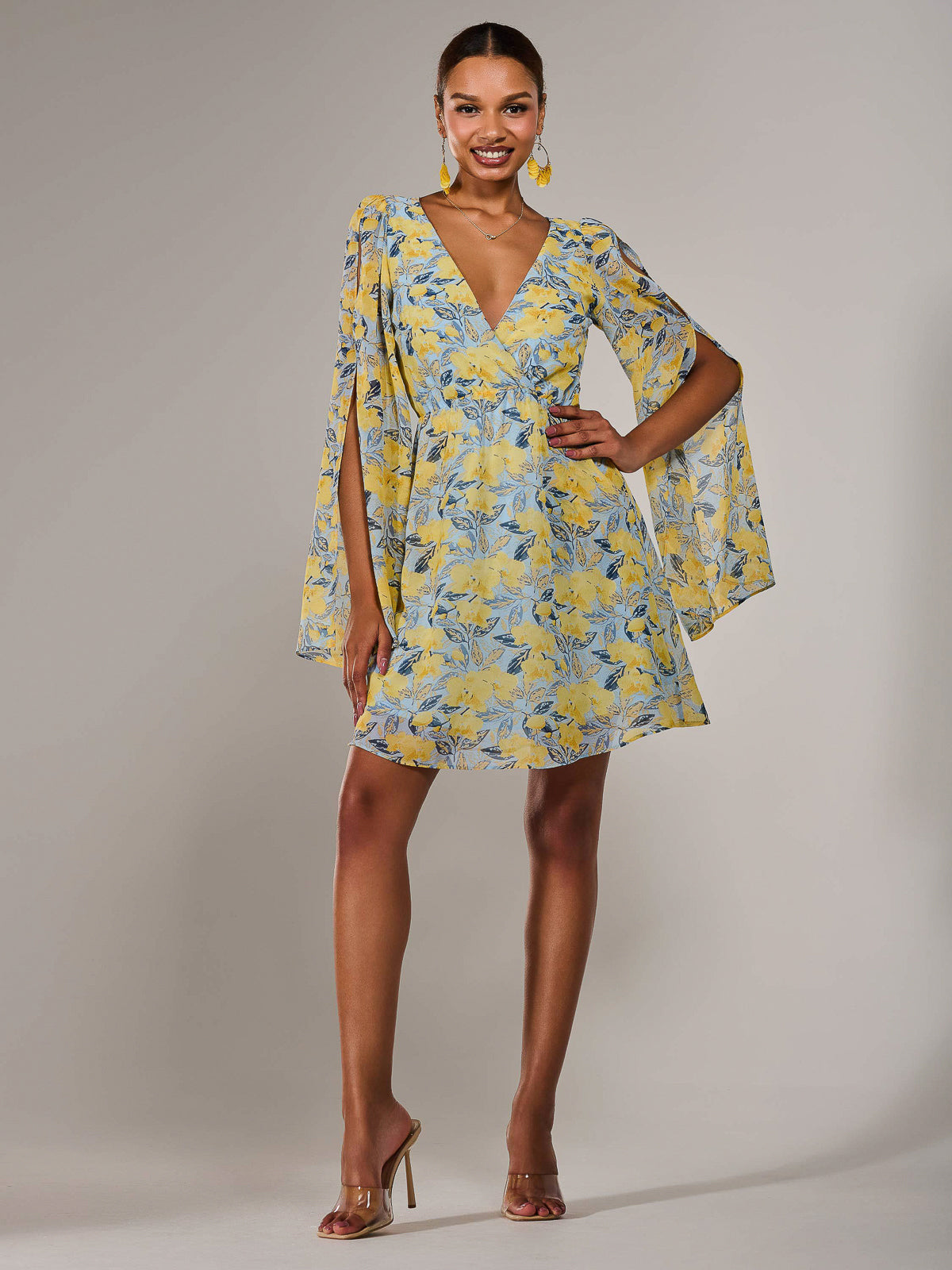 Chiffon Split Sleeve Mini Dress, Yellow Floral – Jolie Moi Retail