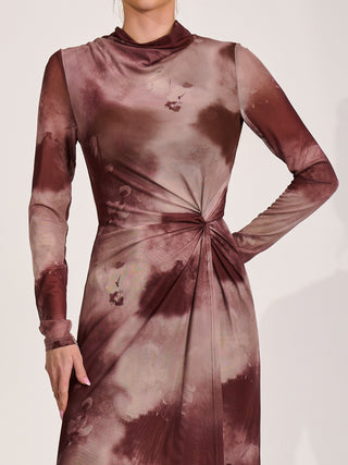 High Neck Long Sleeve Mesh Maxi Dress, Mocha Abstract