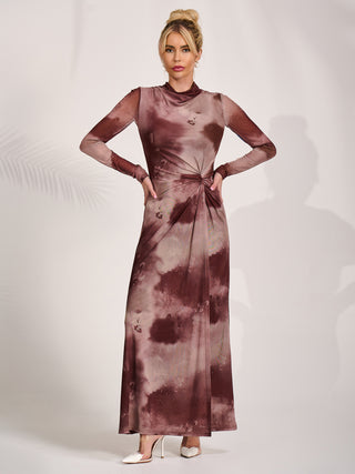 High Neck Long Sleeve Mesh Maxi Dress, Mocha Abstract