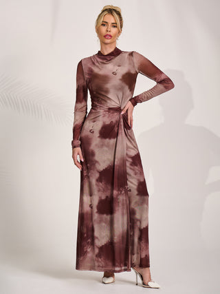High Neck Long Sleeve Mesh Maxi Dress, Mocha Abstract