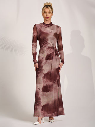 High Neck Long Sleeve Mesh Maxi Dress, Mocha Abstract