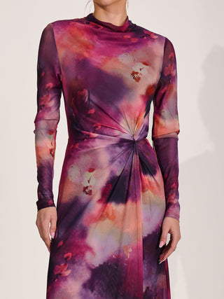 High Neck Long Sleeve Mesh Maxi Dress, Pink Abstract