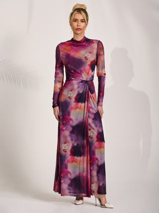 High Neck Long Sleeve Mesh Maxi Dress, Pink Abstract