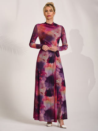 High Neck Long Sleeve Mesh Maxi Dress, Pink Abstract