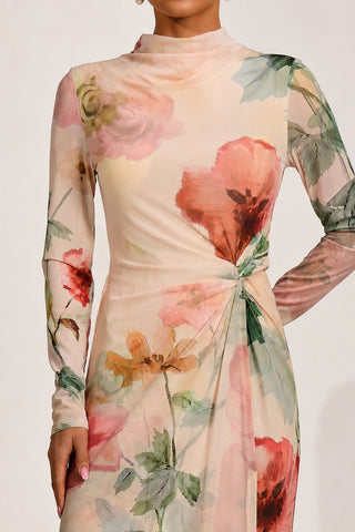 High Neck Long Sleeve Mesh Maxi Dress, Yellow Floral