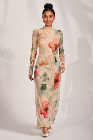 High Neck Long Sleeve Mesh Maxi Dress, Yellow Floral
