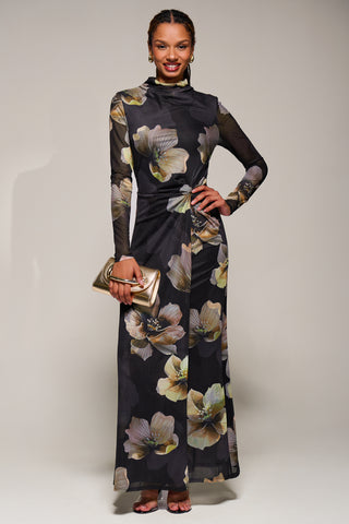 High Neck Long Sleeve Mesh Maxi Dress, Black Floral
