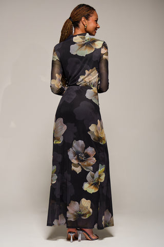High Neck Long Sleeve Mesh Maxi Dress, Black Floral