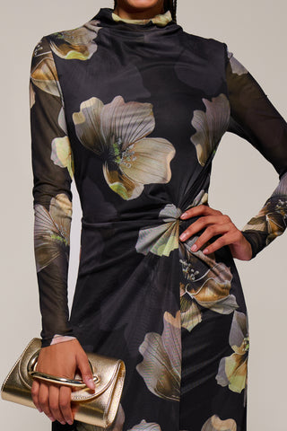 High Neck Long Sleeve Mesh Maxi Dress, Black Floral