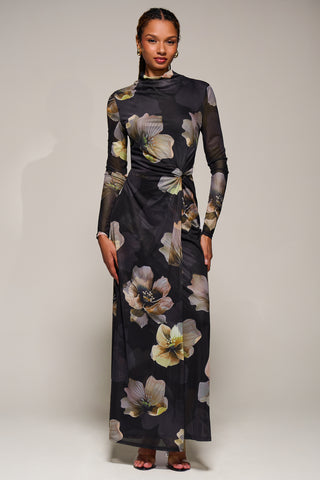 High Neck Long Sleeve Mesh Maxi Dress, Black Floral