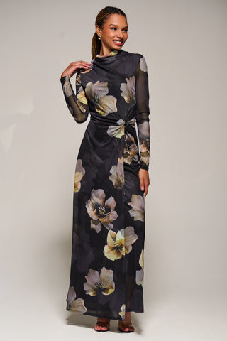 High Neck Long Sleeve Mesh Maxi Dress, Black Floral