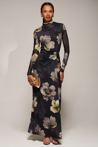 High Neck Long Sleeve Mesh Maxi Dress, Black Floral