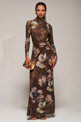 High Neck Long Sleeve Mesh Maxi Dress, Brown Floral