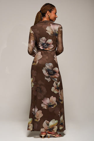 High Neck Long Sleeve Mesh Maxi Dress, Brown Floral