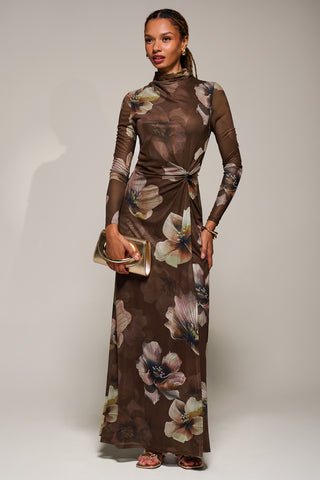 High Neck Long Sleeve Mesh Maxi Dress, Brown Floral