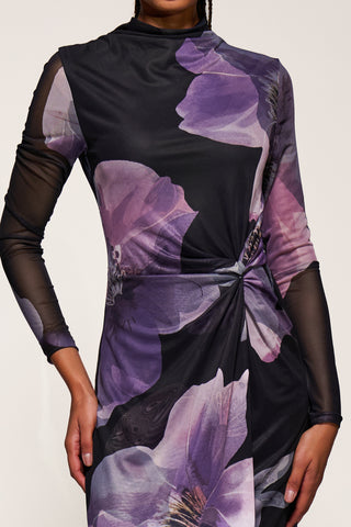 High Neck Long Sleeve Mesh Maxi Dress, Purple Floral