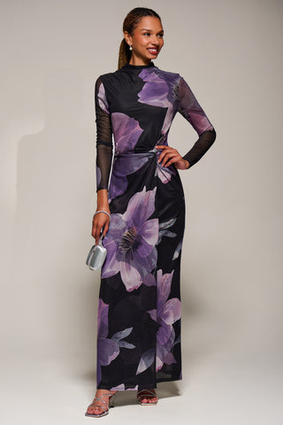 High Neck Long Sleeve Mesh Maxi Dress, Purple Floral