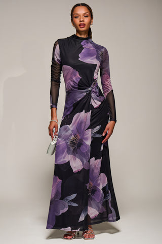 High Neck Long Sleeve Mesh Maxi Dress, Purple Floral