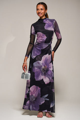 High Neck Long Sleeve Mesh Maxi Dress, Purple Floral