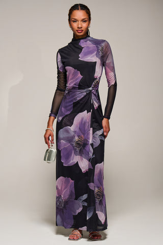 High Neck Long Sleeve Mesh Maxi Dress, Purple Floral