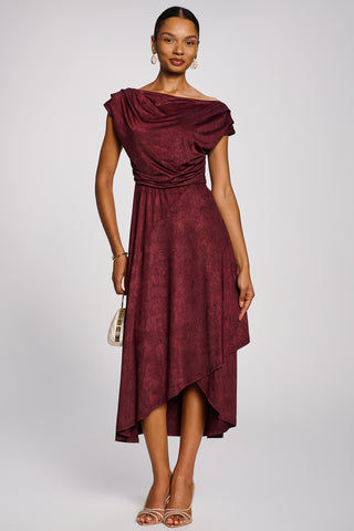 Asymmetrical Drap Textured Sheen Midi Dress, Burgundy